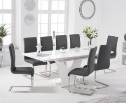 Extending Vittorio 160cm White High Gloss Dining Table with 4 Grey Austin Chairs