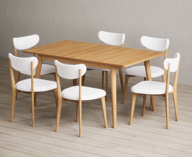 Extending Ruben 150cm Retro Oak Dining Table with 6 White Nordic Chairs
