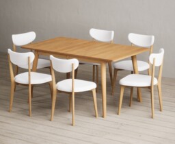 Extending Ruben 150cm Retro Oak Dining Table with 6 White Nordic Chairs