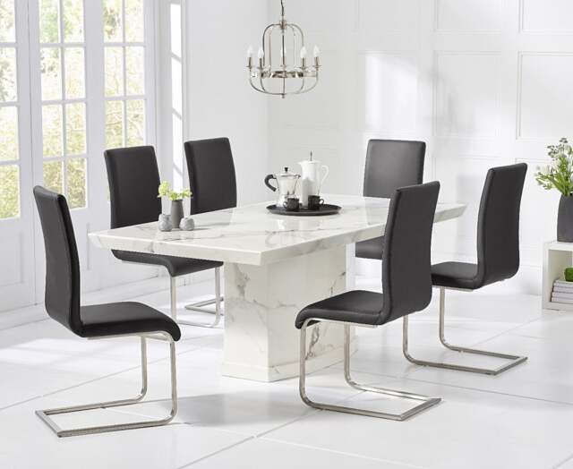 Carvelle 160cm White Pedestal Marble Dining Table with 6 Black Austin Chairs