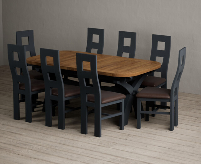 Extending Olympia 180cm Oak and Dark Blue Dining Table with 8 Brown Painted Chairs