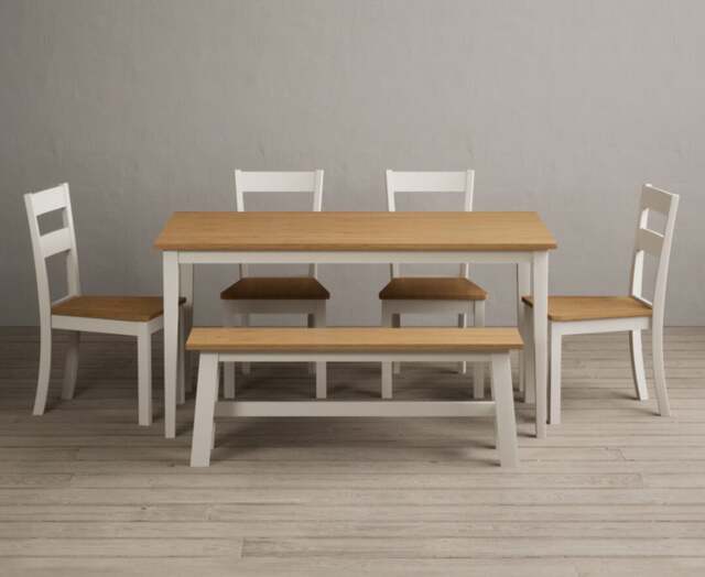 Kendal 150cm Solid Oak and Cream Painted Dining Table with 2 Oak Kendal Chairs and 1 Cream Bench