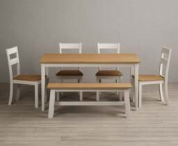 Kendal 150cm Solid Oak and Cream Painted Dining Table with 2 Oak Kendal Chairs and 1 Cream Bench