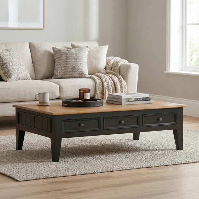 Charlton Oak and Black Painted Extra Large 6 Drawer Coffee Table