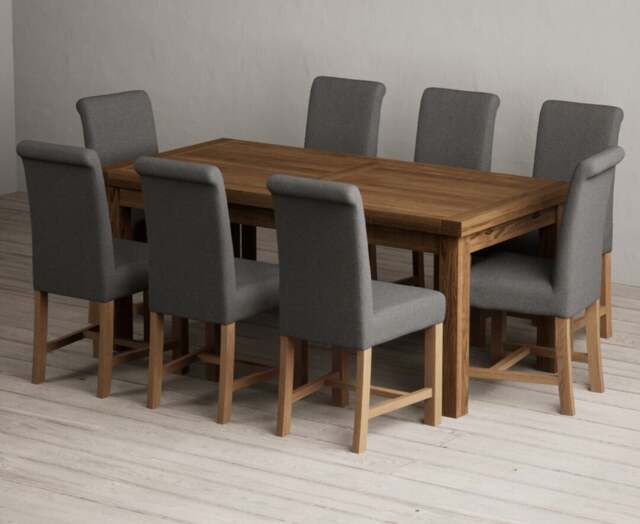 Extending Buxton 180cm Rustic Solid Oak Dining Table with 8 Charcoal Grey Braced Chairs
