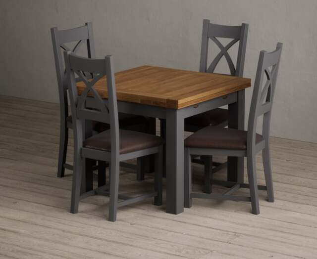 Extending Buxton 90cm Oak and Charcoal Grey Dining Table with 4 Brown Painted Chairs