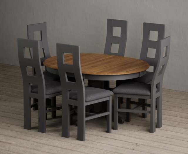 Extending Hertford 100cm - 130cm Oak and Charcoal Grey Painted Pedestal Dining Table with 6 Charcoal Grey Painted Chairs