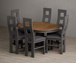 Extending Hertford 100cm - 130cm Oak and Charcoal Grey Painted Pedestal Dining Table with 6 Charcoal Grey Painted Chairs