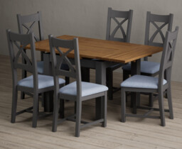Extending Buxton 90cm Oak and Charcoal Grey Dining Table with 6 Blue Painted Chairs