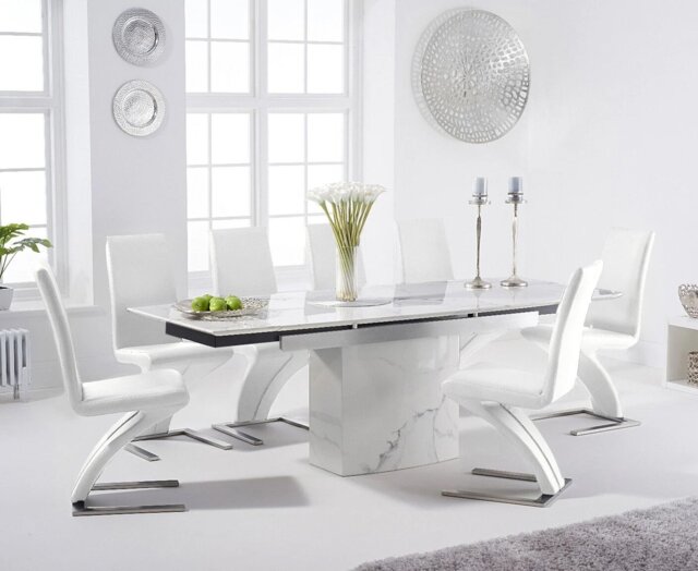 Extending Savona 160cm White Ceramic Dining Table with 10 White Aldo Chairs