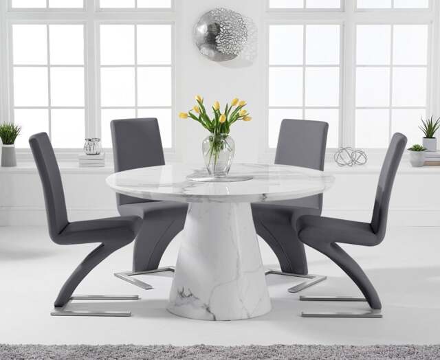 Ravello 130cm Round White Marble Dining Table with 6 Grey Aldo Chairs