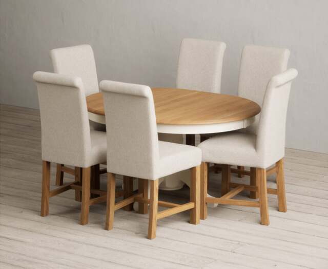 Extending Hertford 100cm - 130cm Oak and Cream Painted Pedestal Dining Table with 6 Natural Braced Chairs