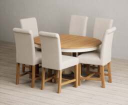 Extending Hertford 100cm - 130cm Oak and Cream Painted Pedestal Dining Table with 6 Natural Braced Chairs