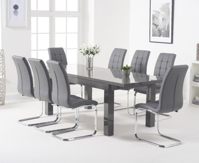 Extending Seattle Dark Grey Gloss 160-220cm Dining Table with 8 Grey Vigo Chairs