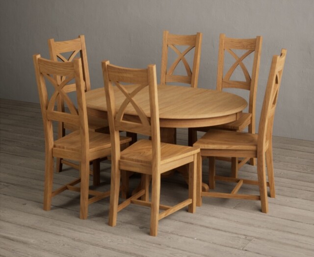 Extending Hertford 100cm - 130cm Solid Oak Pedestal Dining Table with 6 Linen Natural Solid Oak Chairs