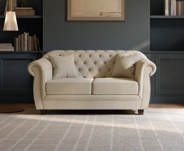 Eva Chesterfield Ivory Linen Fabric Two-Seater Sofa