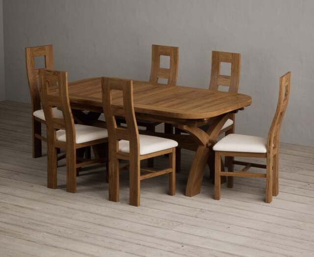 Extending Olympia 180cm Rustic Solid Oak Dining Table with 6 Linen Rustic Solid Oak Chairs