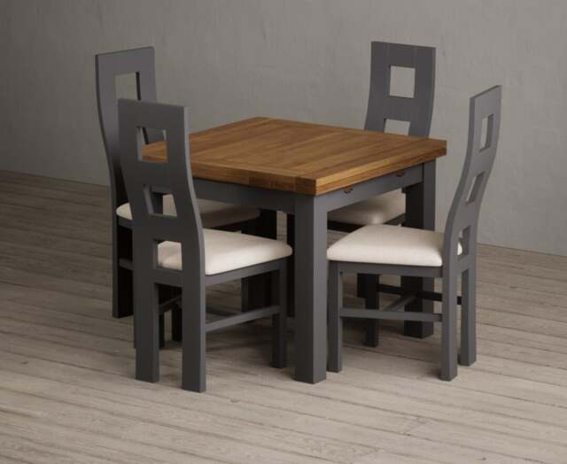 Extending Buxton 90cm Oak and Charcoal Grey Dining Table with 4 Linen Painted Chairs