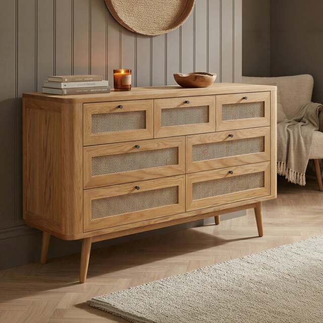 Oak Rattan Wide Chest of Drawers