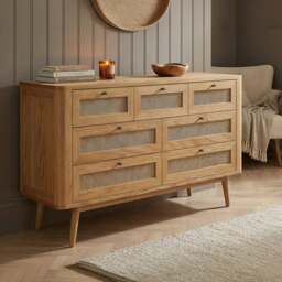Oak Rattan Wide Chest of Drawers