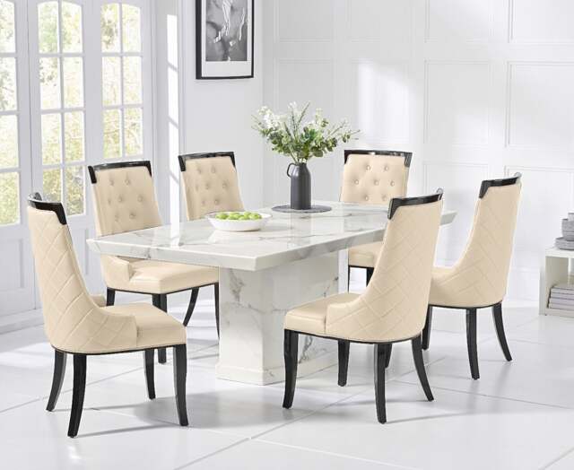 Carvelle 160cm White Pedestal Marble Dining Table with 6 Cream Francesca Chairs
