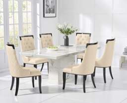 Carvelle 160cm White Pedestal Marble Dining Table with 6 Cream Francesca Chairs
