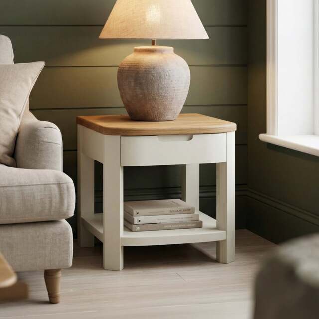 Bradwell Oak and Signal White Painted 1 Drawer Lamp Table