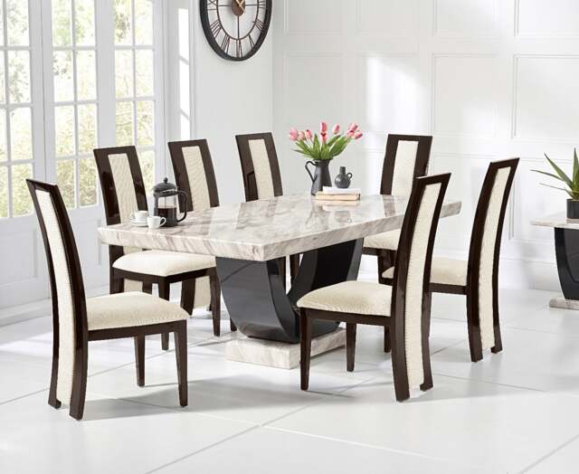 Novara 200cm Cream and Black Pedestal Marble Dining Table with 6 Brown Novara Chairs