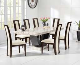 Novara 200cm Cream and Black Pedestal Marble Dining Table with 6 Brown Novara Chairs