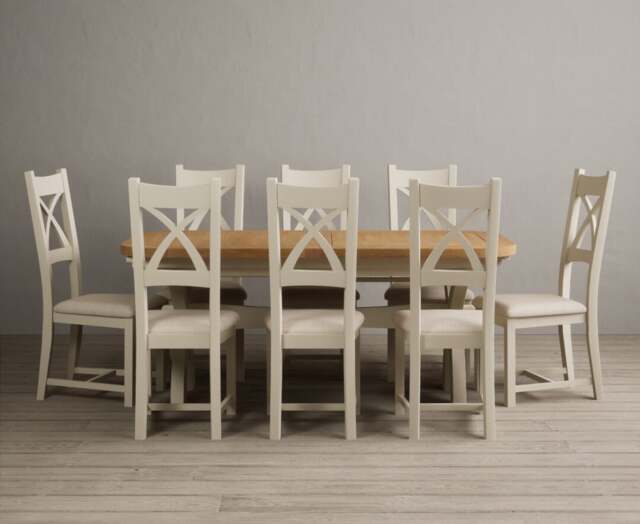 Extending Olympia 180cm Oak and Cream Painted Dining Table with 8 Linen Painted Chairs