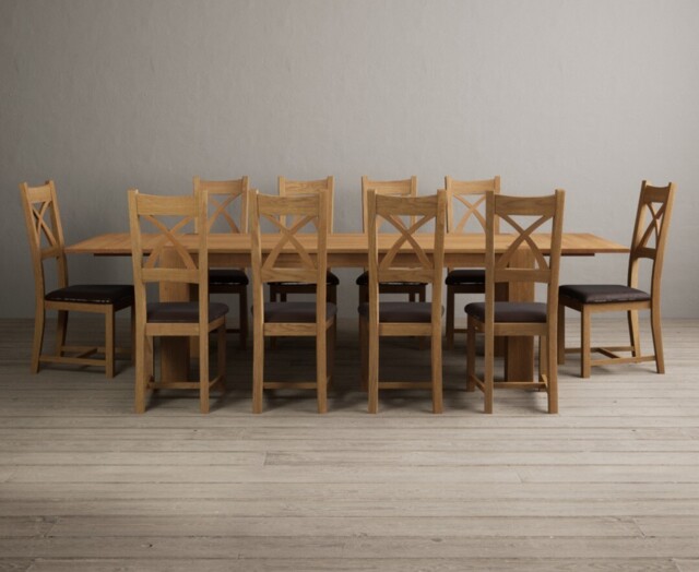 Extending Sheringham 200cm Solid Oak Table with 10 Brown Natural Solid Oak Chairs