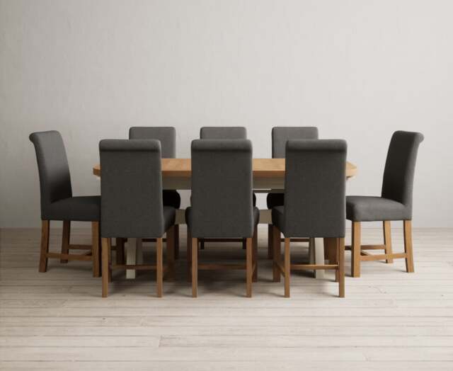 Extending Olympia 180cm Oak and Cream Painted Dining Table with 8 Charcoal Grey Braced Chairs