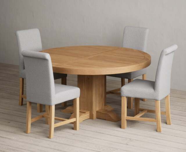 Helmsley 150cm Solid Oak Round Pedestal Dining Table with 4 Grey Braced Chairs