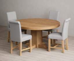 Helmsley 150cm Solid Oak Round Pedestal Dining Table with 4 Grey Braced Chairs