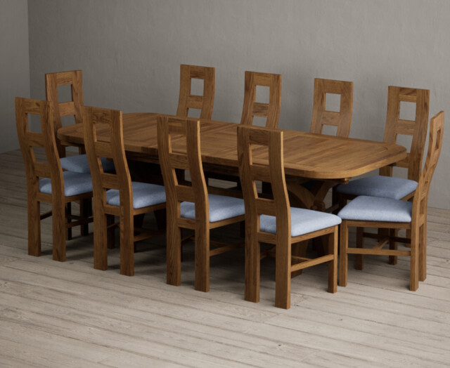 Extending Olympia 180cm Rustic Solid Oak Dining Table with 10 Blue Rustic Solid Oak Chairs