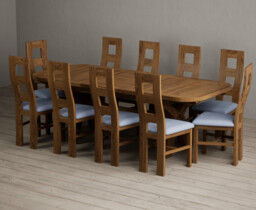Extending Olympia 180cm Rustic Solid Oak Dining Table with 10 Blue Rustic Solid Oak Chairs