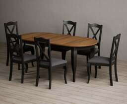 Extending Chateau Noir 140cm Oak and Black Painted Oval Dining Table with 6 Charcoal Grey Chateau Noir Chairs
