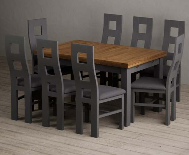 Extending Buxton 140cm Oak and Charcoal Grey Dining Table with 8 Charcoal Grey Painted Chairs