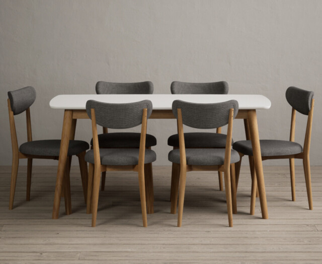 Nordic 150cm Solid Oak and Signal White Painted Dining Table with 6 Grey Nordic Chairs