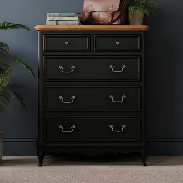 Chateau Noir Oak and Black Painted 2 Over 3 Chest of Drawers