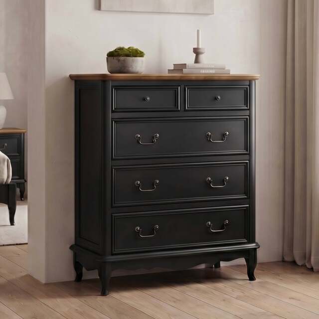 Chateau Noir Oak and Black Painted 2 Over 3 Chest of Drawers