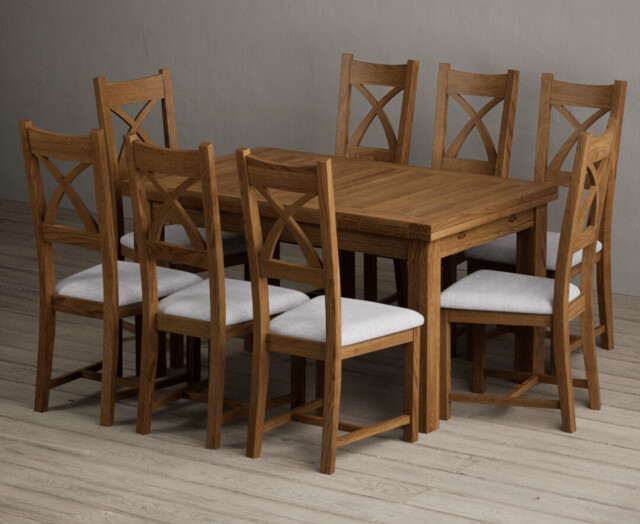 Extending Buxton 140cm Rustic Solid Oak Dining Table with 8 Light Grey Rustic Solid Oak Chairs