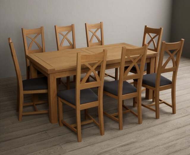 Extending Buxton 180cm Solid Oak Dining Table with 6 Charcoal Grey Natural Solid Oak Chairs