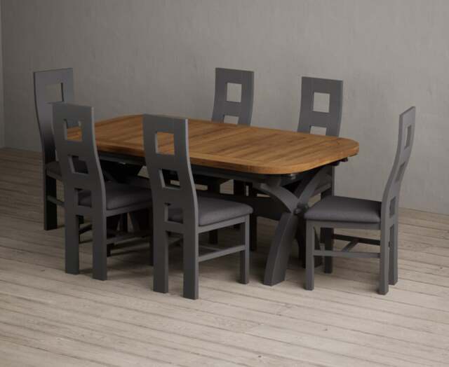 Extending Olympia 180cm Oak and Charcoal Grey Dining Table with 6 Charcoal Grey Painted Chairs