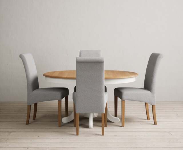 Extending Hertford 100cm - 130cm Oak and Signal White Painted Pedestal Dining Table with 4 Grey Scroll Back Chairs