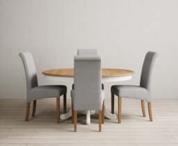 Extending Hertford 100cm - 130cm Oak and Signal White Painted Pedestal Dining Table with 4 Grey Scroll Back Chairs