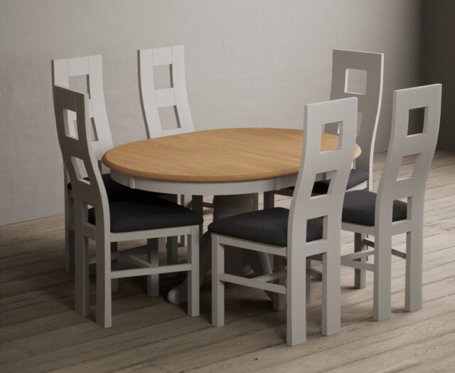Extending Hertford 100cm - 130cm Oak and Soft White Painted Pedestal Dining Table with 6 Charcoal Grey Painted Chairs