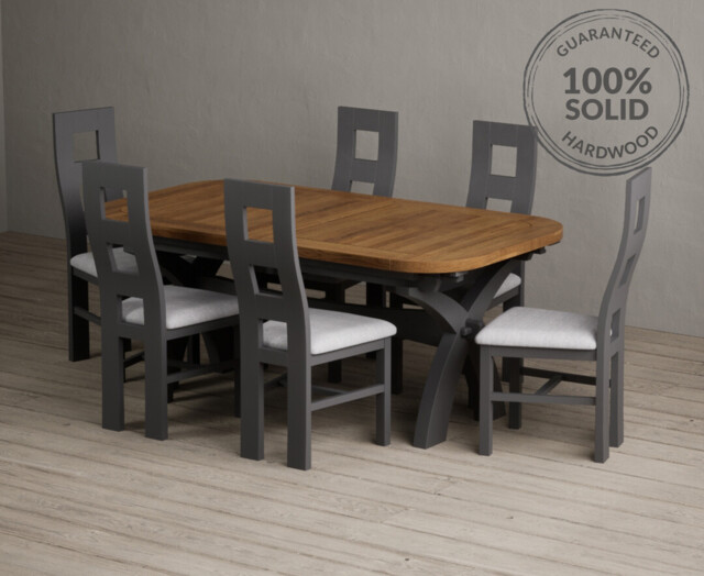 Extending Olympia 180cm Oak and Charcoal Grey Dining Table with 8 Rustic Oak Painted Chairs