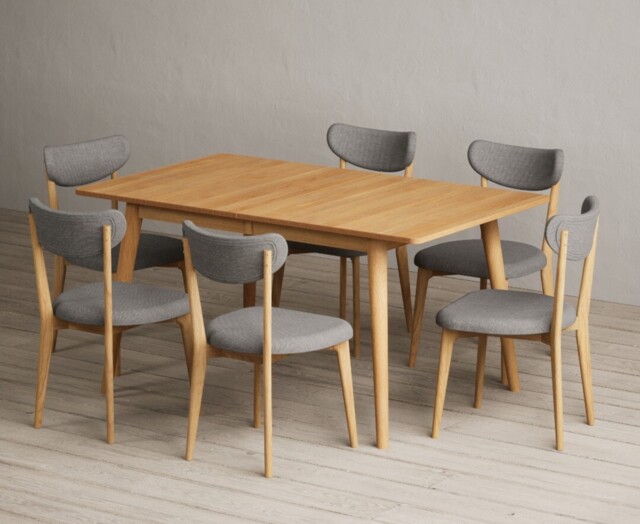 Extending Ruben 150cm Retro Oak Dining Table with 6 Grey Nordic Chairs