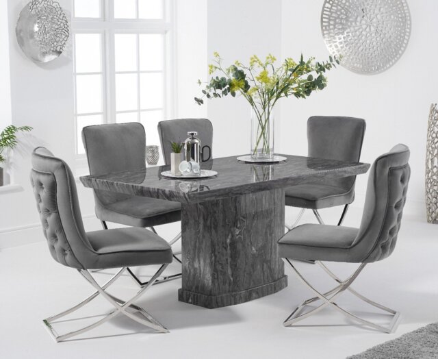 Carvelle 160cm Grey Pedestal Marble Dining Table with 4 Grey Lorenzo Chairs